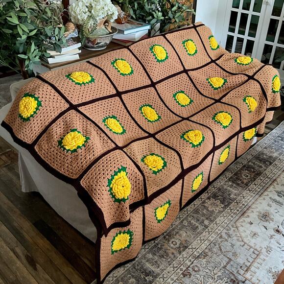 Vintage Other - Vintage Afghan Squares Blanket: Grannycore, Crochet 3D Floral Blanket.